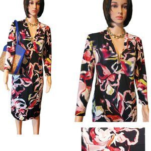NEW BOLD Elements Pink/Yellow/Red Floral Gold V Neck Tone Full Sleeve Dress SZ M